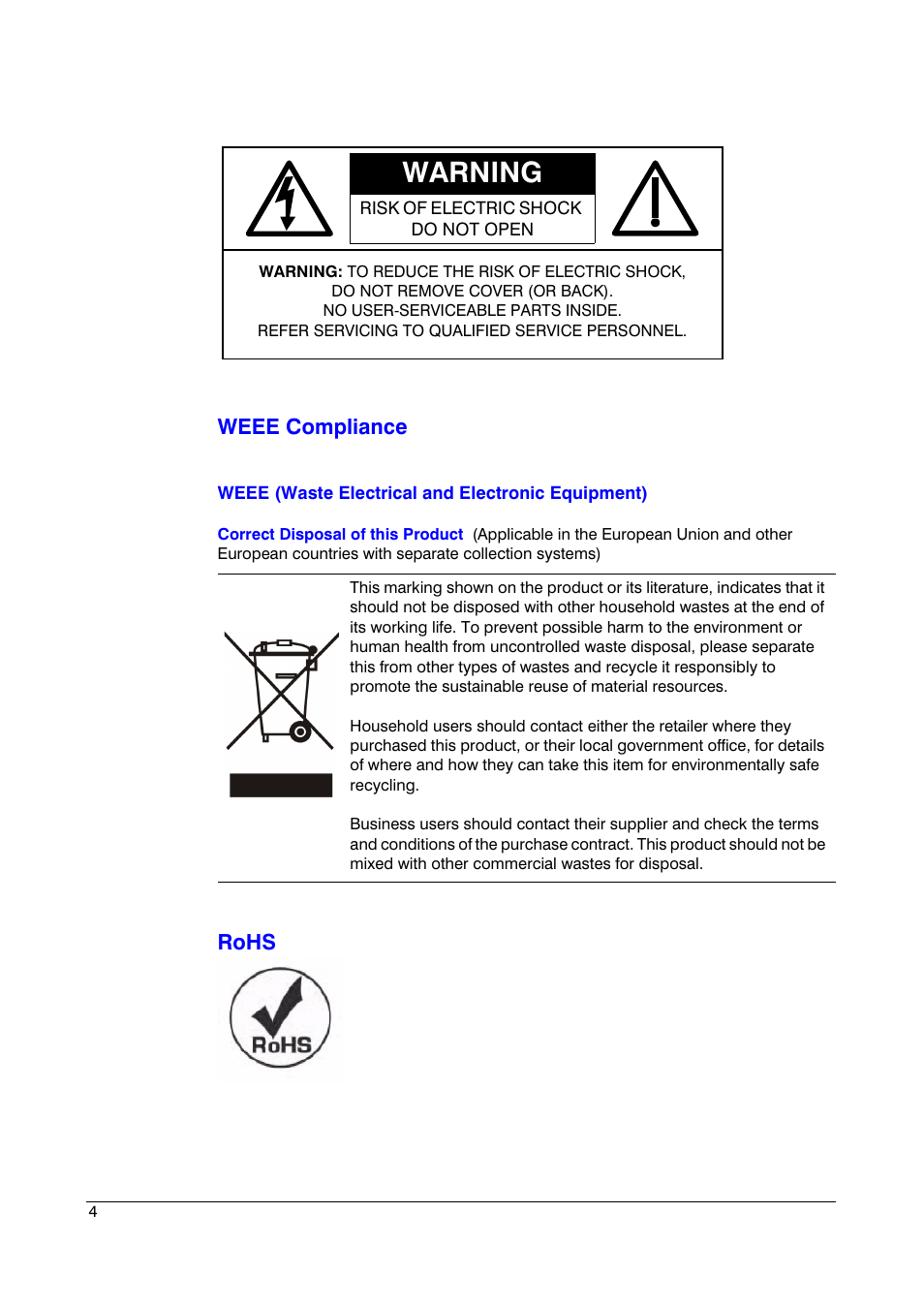 Warning, Weee compliance, Rohs | Insignia HRSD16 User Manual | Page 4 / 160