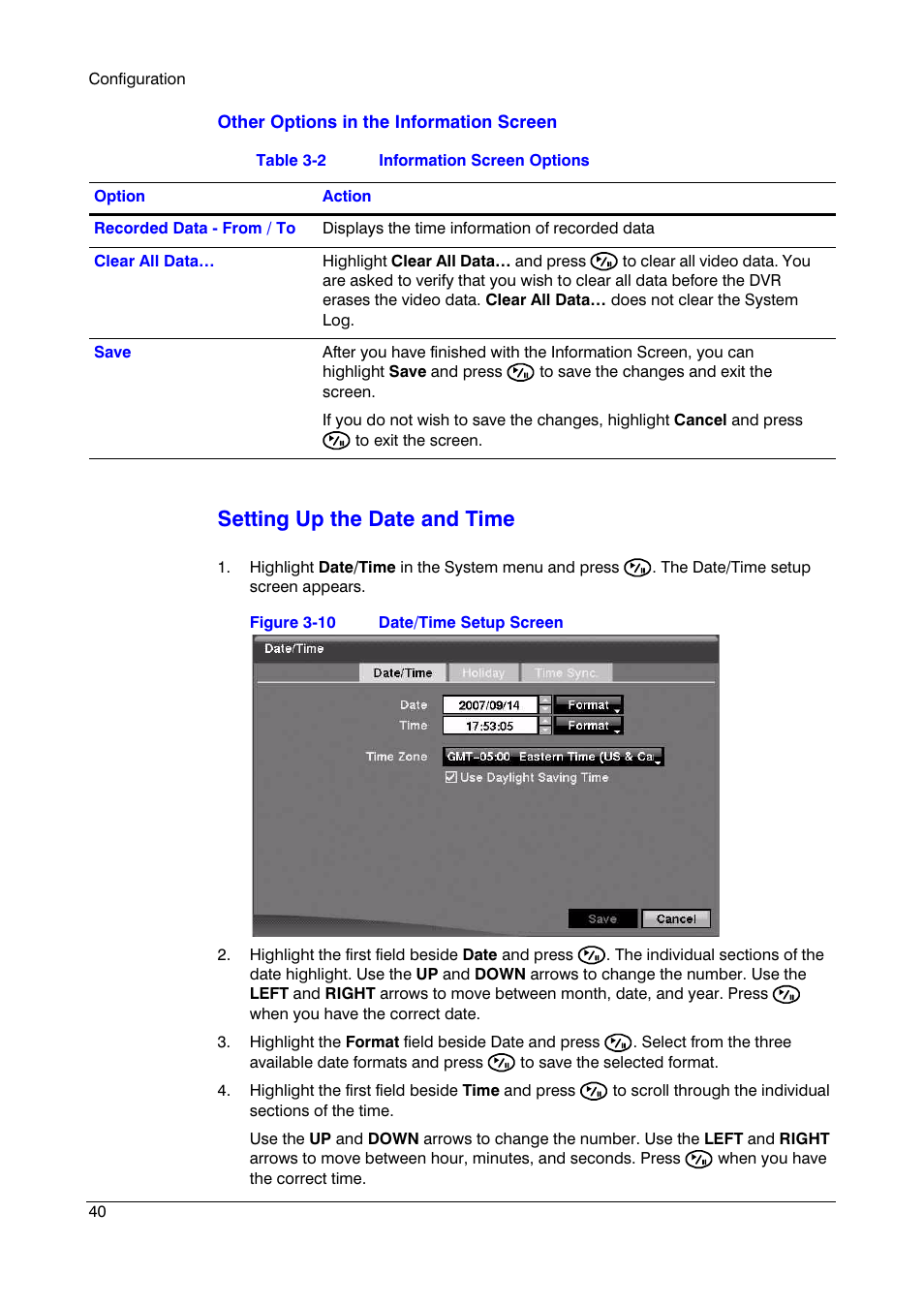 Figure 3-10, Date/time setup screen, Table 3-2 | Information screen options, Setting up the date and time | Insignia HRSD16 User Manual | Page 40 / 160