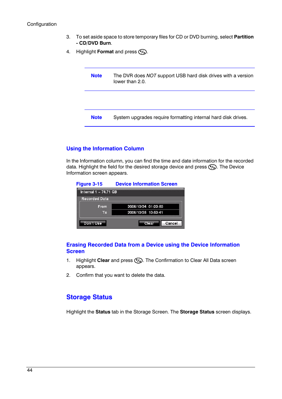 Figure 3-15, Device information screen, Using the information column | Storage status | Insignia HRSD16 User Manual | Page 44 / 160