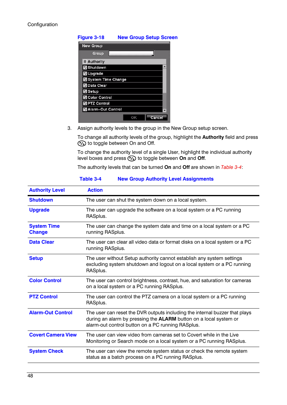 Figure 3-18, New group setup screen, Table 3-4 | New group authority level assignments | Insignia HRSD16 User Manual | Page 48 / 160