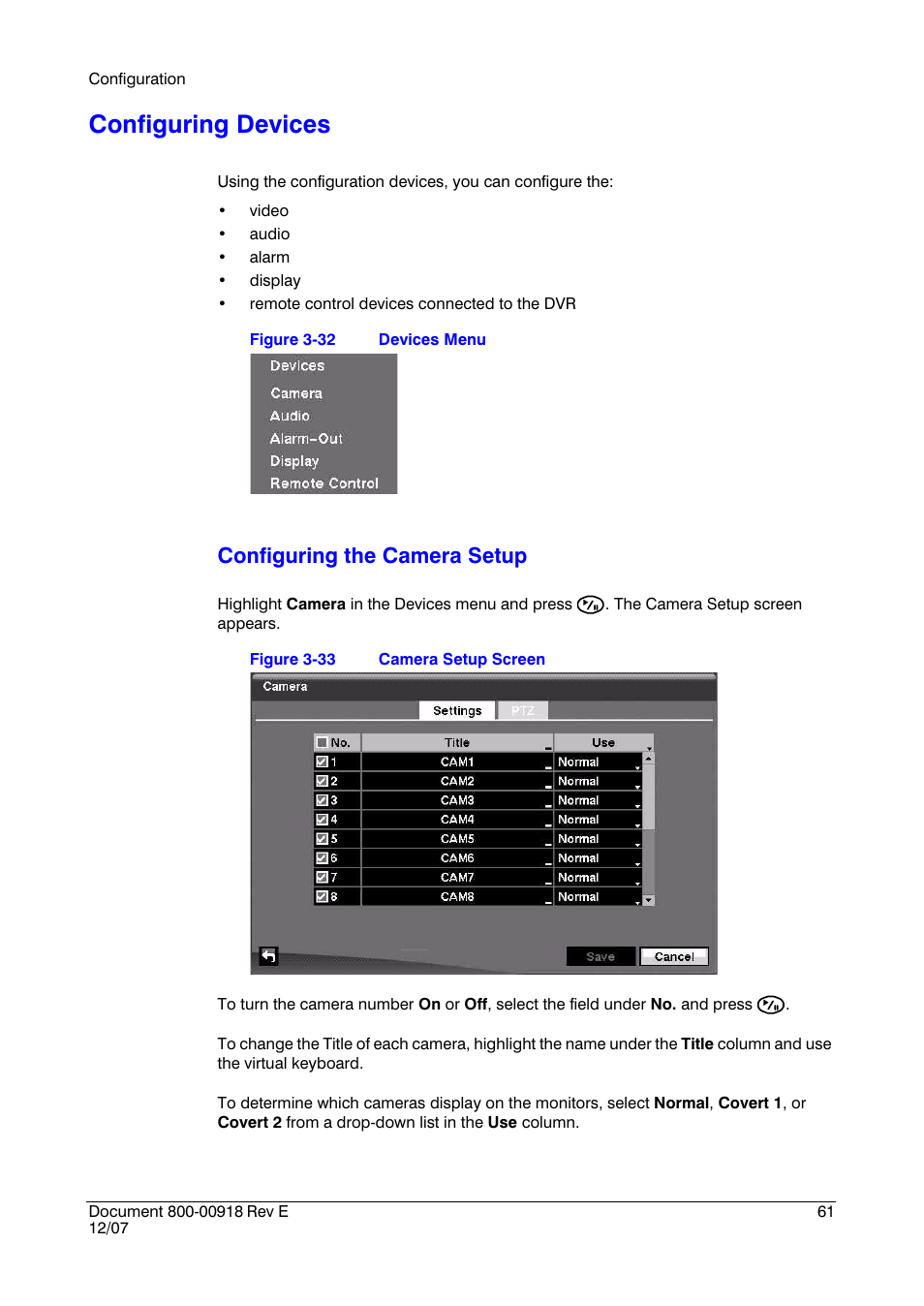 Configuring devices, Figure 3-32, Devices menu | Figure 3-33, Camera setup screen, Configuring the camera setup | Insignia HRSD16 User Manual | Page 61 / 160