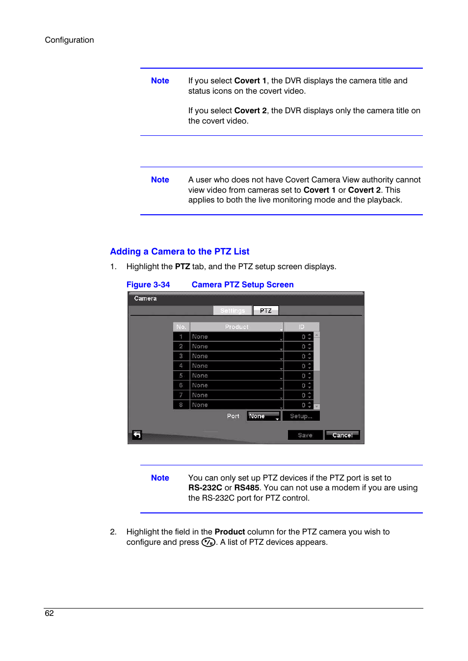 Figure 3-34, Camera ptz setup screen | Insignia HRSD16 User Manual | Page 62 / 160