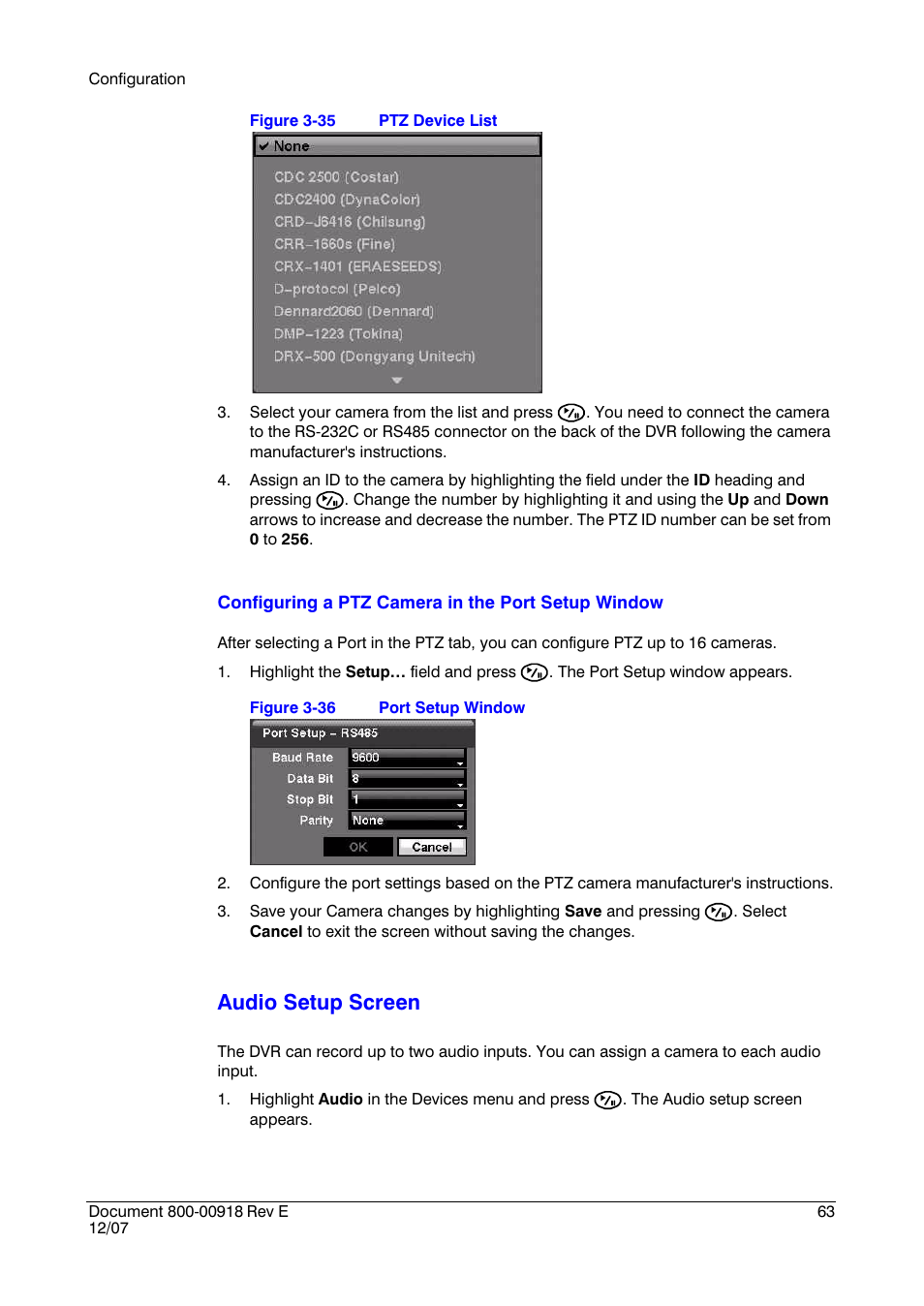 Figure 3-35, Ptz device list, Figure 3-36 | Port setup window, Audio setup screen | Insignia HRSD16 User Manual | Page 63 / 160