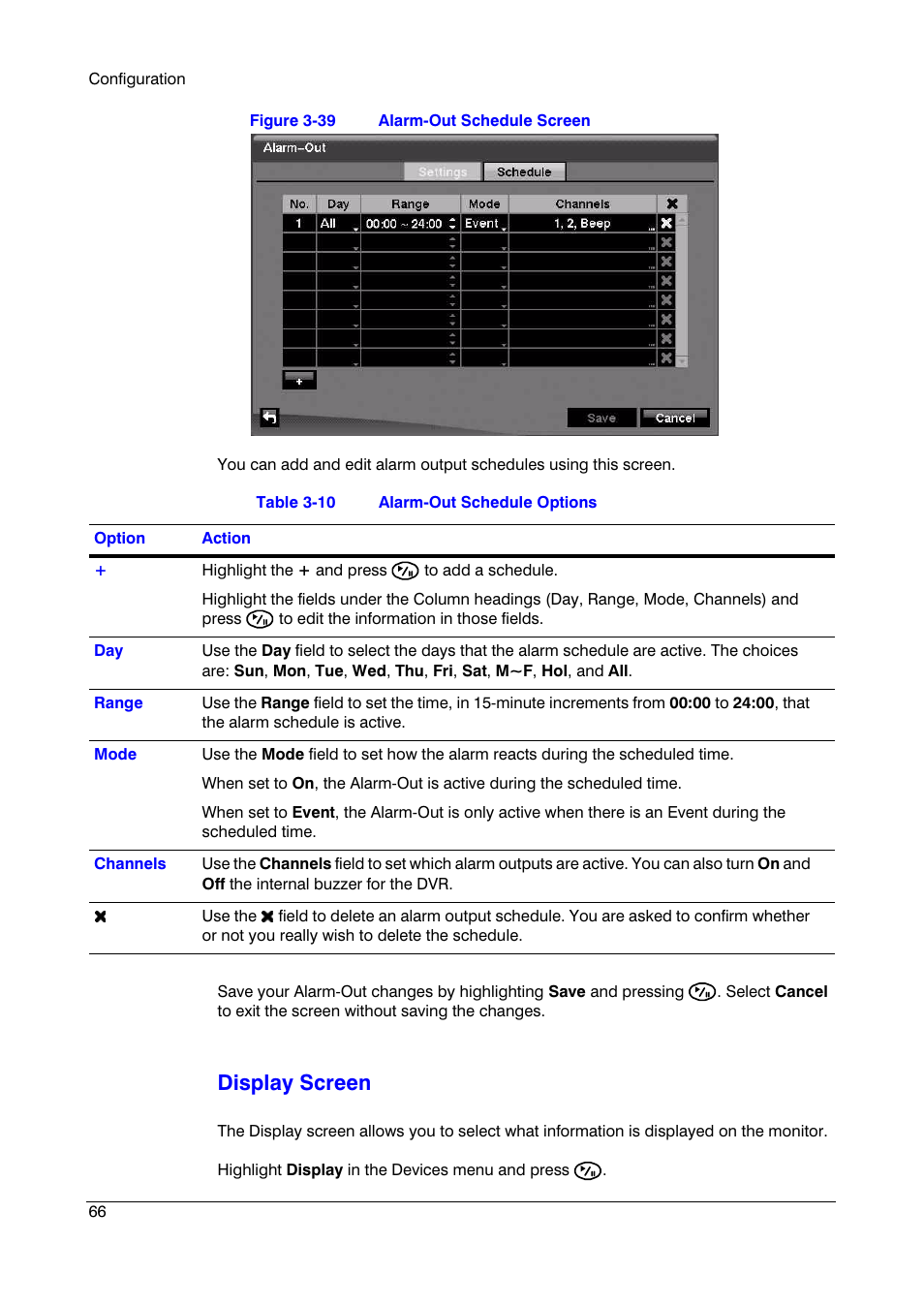 Figure 3-39, Alarm-out schedule screen, Table 3-10 | Alarm-out schedule options, Display screen | Insignia HRSD16 User Manual | Page 66 / 160