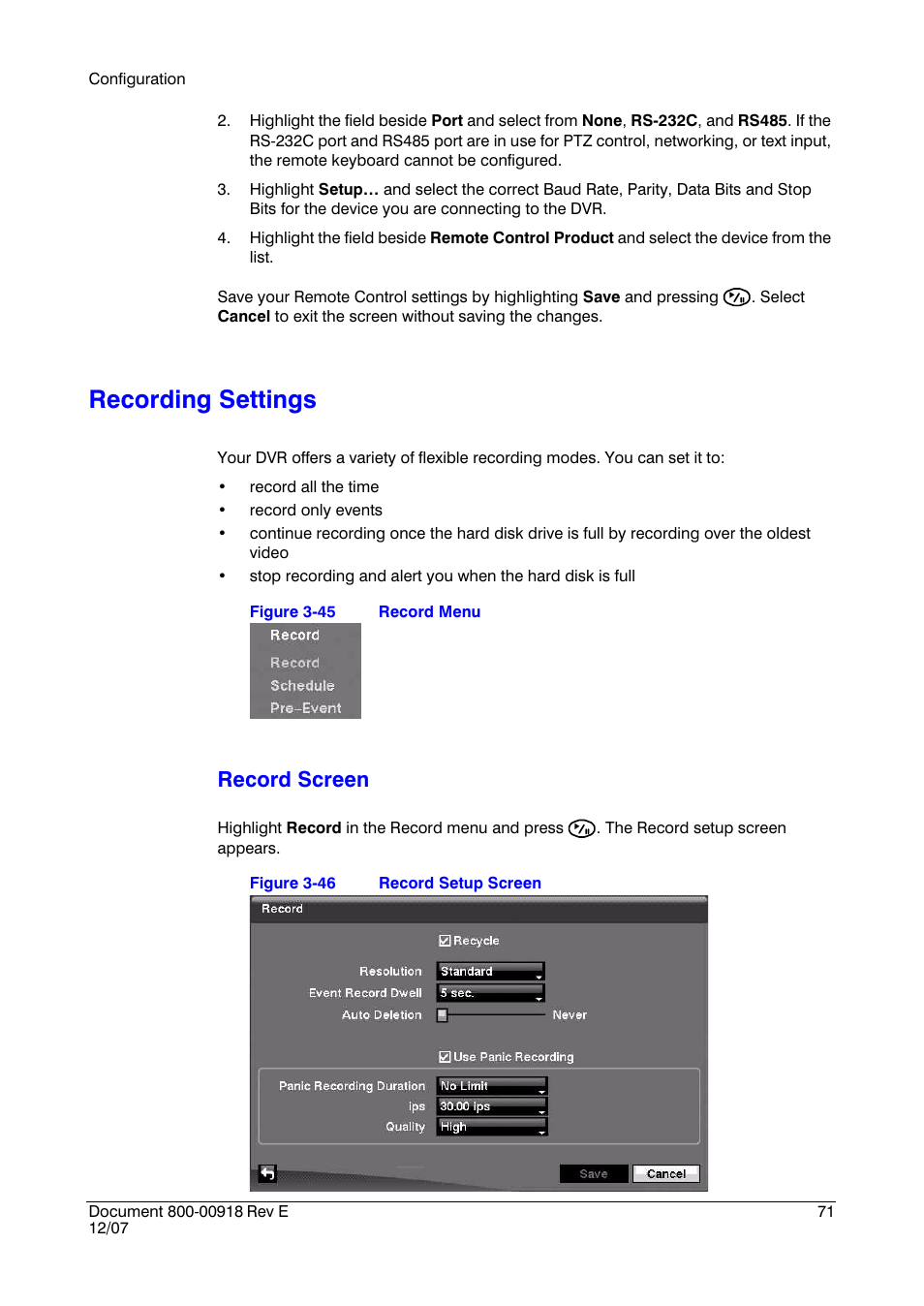 Recording settings, Figure 3-45, Record menu | Figure 3-46, Record setup screen, Record screen | Insignia HRSD16 User Manual | Page 71 / 160