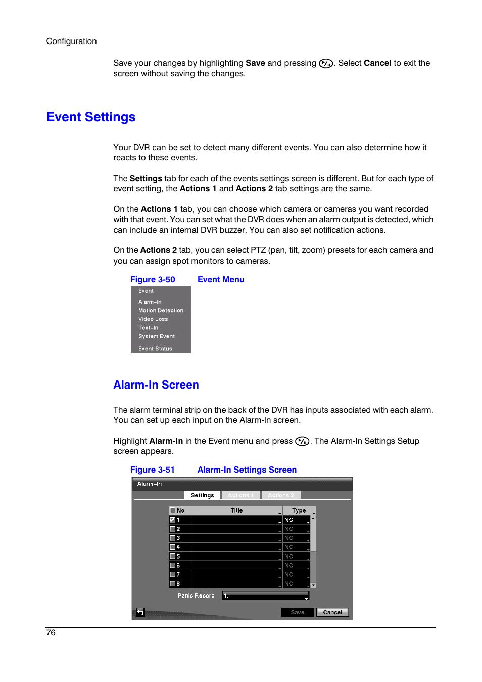 Event settings, Figure 3-50, Event menu | Figure 3-51, Alarm-in settings screen, In this c, Alarm-in screen | Insignia HRSD16 User Manual | Page 76 / 160
