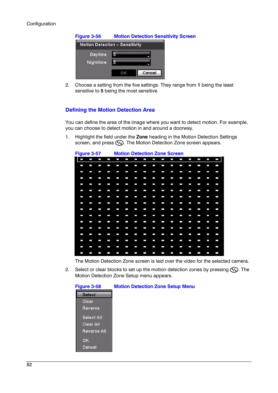 Figure 3-56, Motion detection sensitivity screen, Figure 3-57 | Motion detection zone screen, Figure 3-58, Motion detection zone setup menu | Insignia HRSD16 User Manual | Page 82 / 160