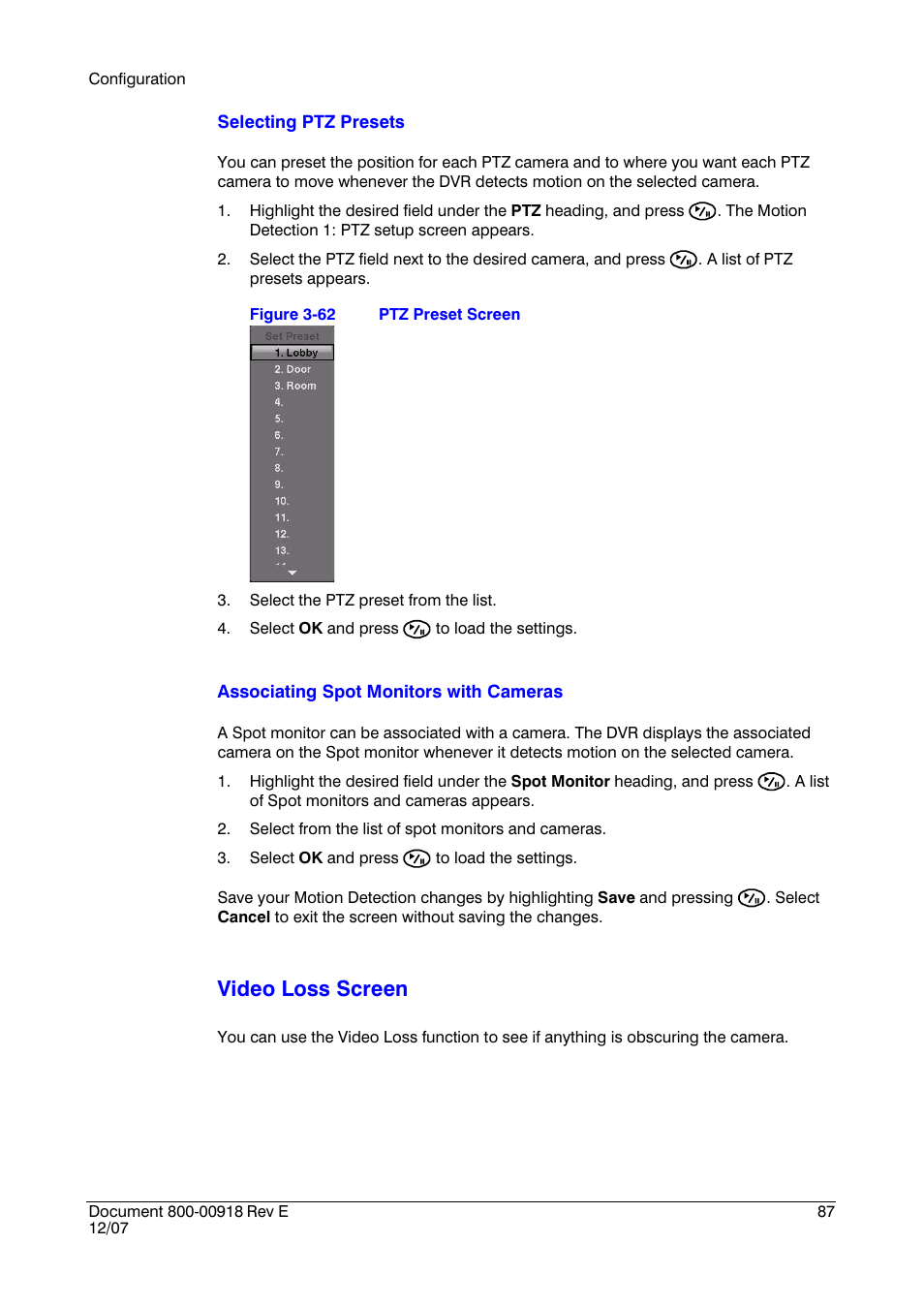 Figure 3-62, Ptz preset screen, Video loss screen | Insignia HRSD16 User Manual | Page 87 / 160