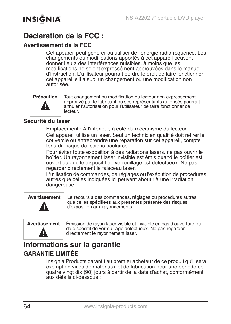 Déclaration de la fcc, Informations sur la garantie | Insignia NS-A2202 User Manual | Page 65 / 102