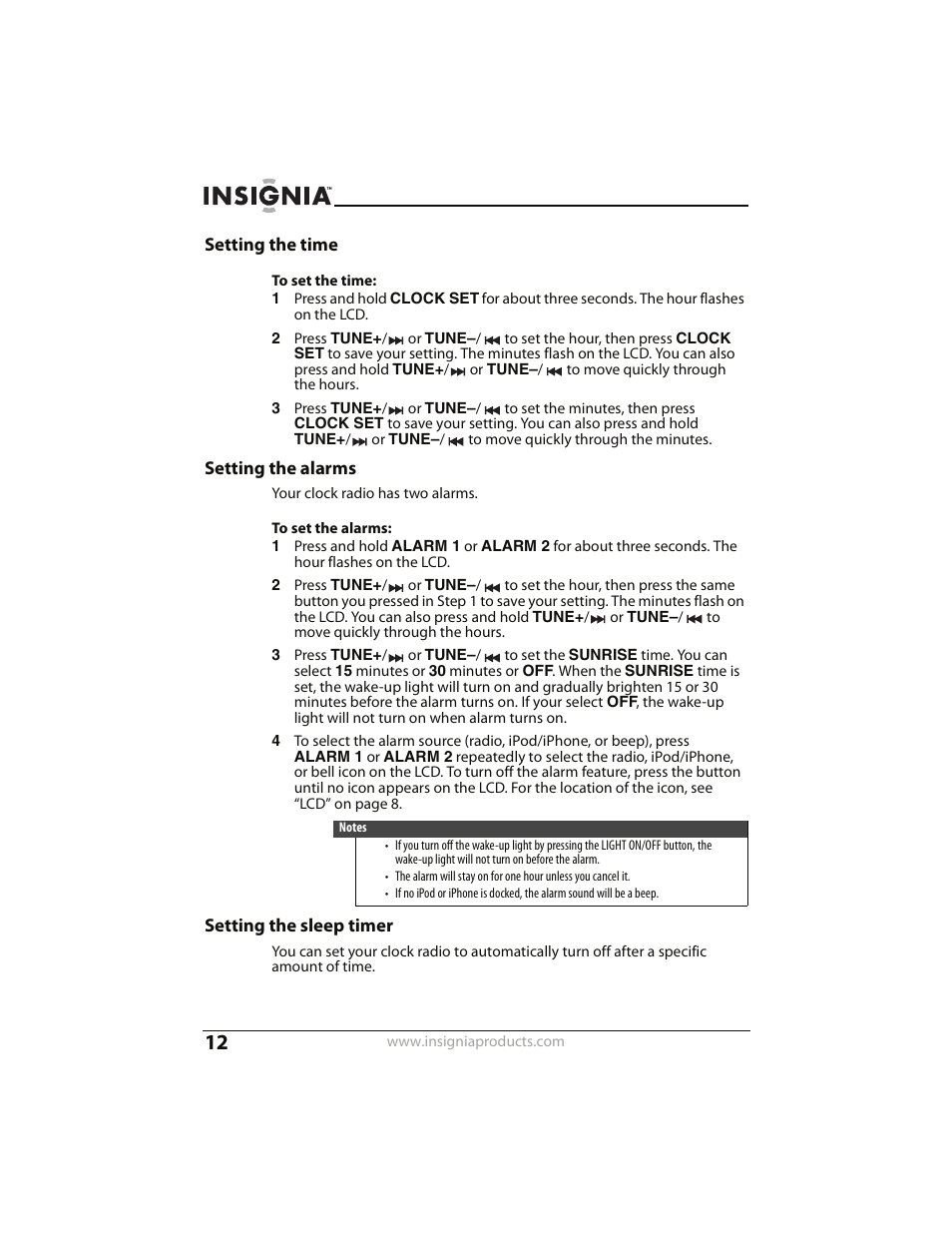 Setting the time, Setting the alarms, Setting the sleep timer | Ee “setting the sleep timer” o, Setting the time” o, E “setting the alarms | Insignia CLOCK RADIO WITH WAKE-UP LIGHT AND DOCK FOR IPOD NS-CLWL01 User Manual | Page 12 / 20