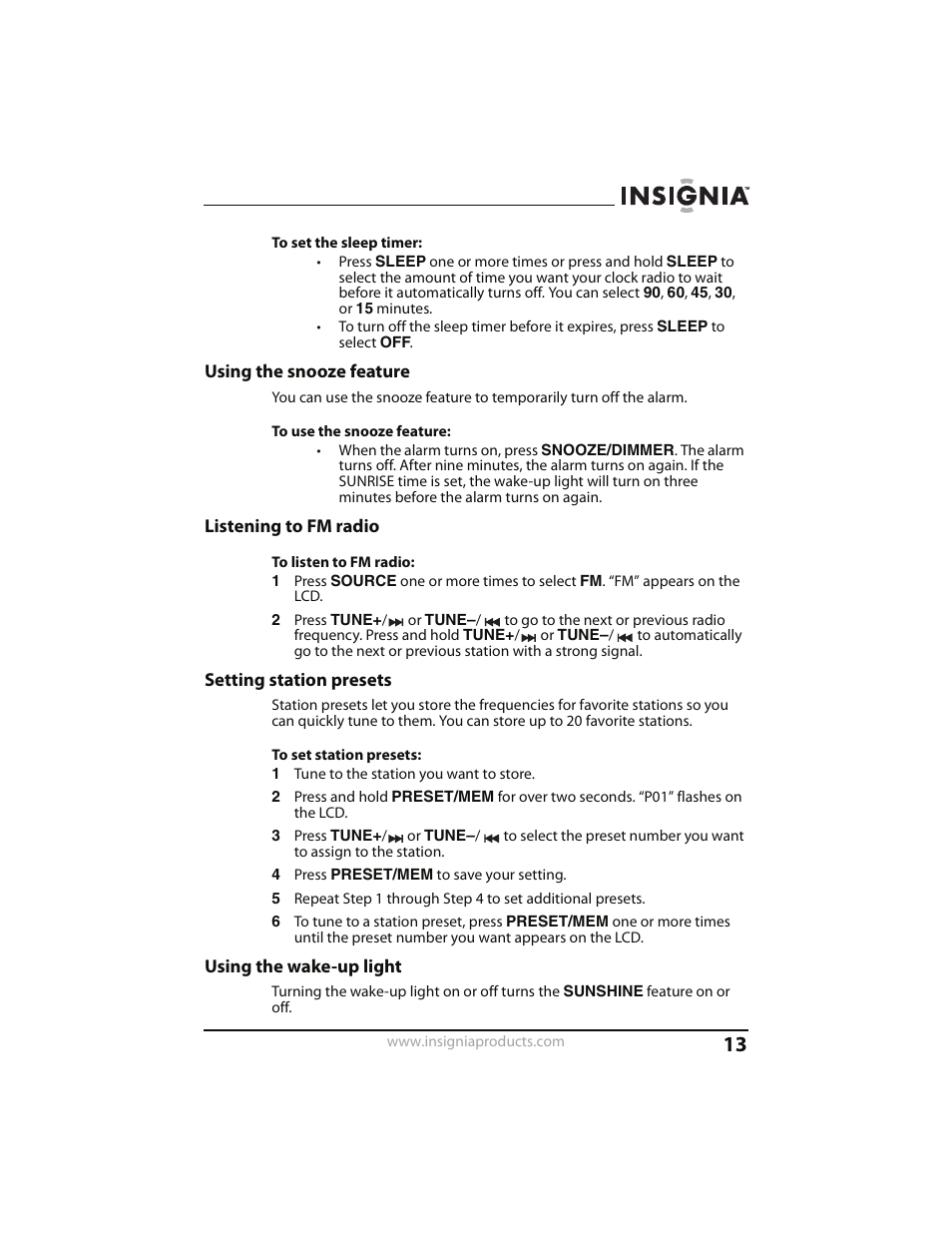 Using the snooze feature, Listening to fm radio, Setting station presets | Using the wake-up light, Ee “setting station presets, See “using the wake-up light | Insignia CLOCK RADIO WITH WAKE-UP LIGHT AND DOCK FOR IPOD NS-CLWL01 User Manual | Page 13 / 20