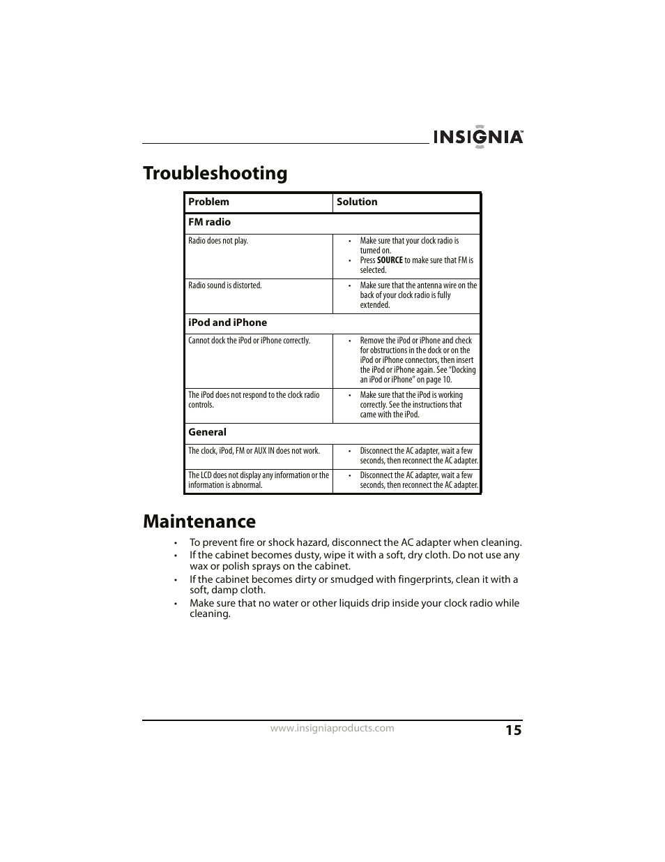 Troubleshooting, Maintenance, Troubleshooting maintenance | Insignia CLOCK RADIO WITH WAKE-UP LIGHT AND DOCK FOR IPOD NS-CLWL01 User Manual | Page 15 / 20