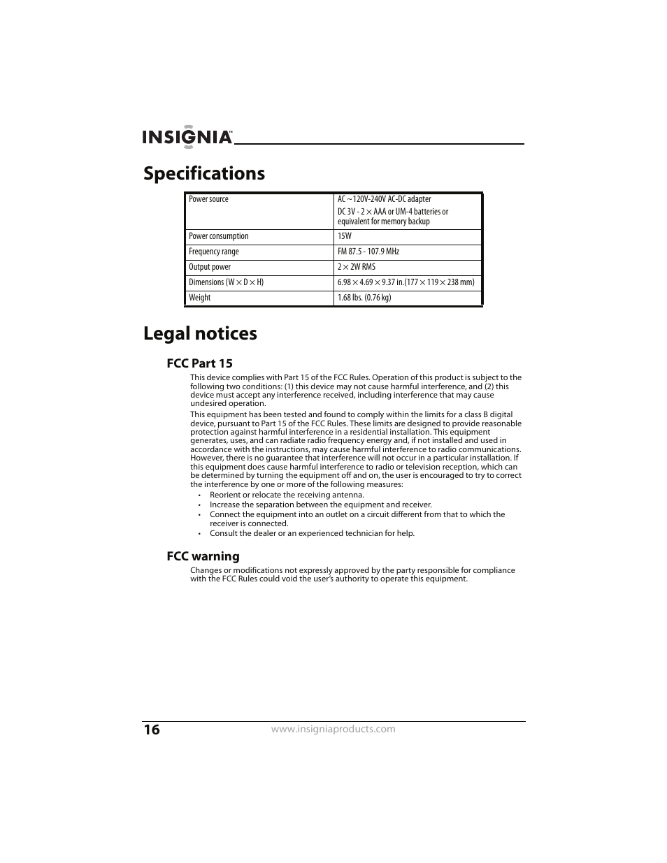 Specifications, Legal notices, Fcc part 15 | Fcc warning, Specifications legal notices | Insignia CLOCK RADIO WITH WAKE-UP LIGHT AND DOCK FOR IPOD NS-CLWL01 User Manual | Page 16 / 20