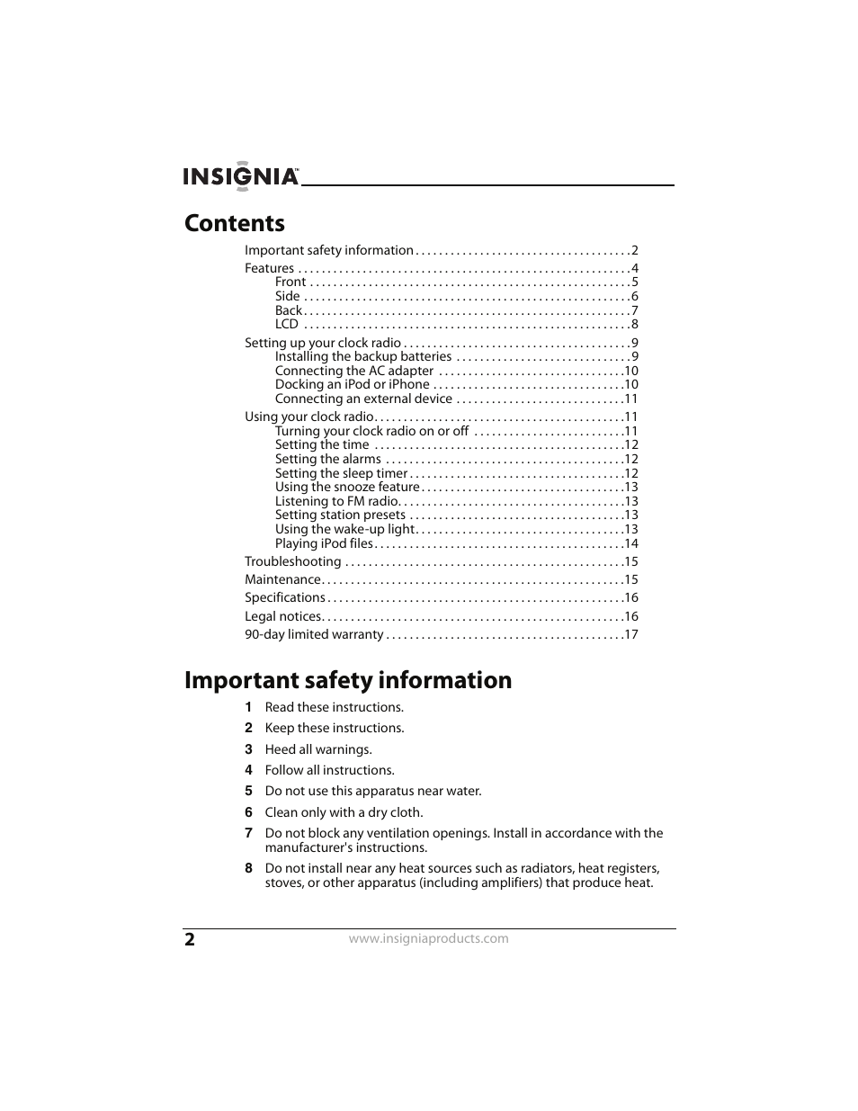 Insignia CLOCK RADIO WITH WAKE-UP LIGHT AND DOCK FOR IPOD NS-CLWL01 User Manual | Page 2 / 20