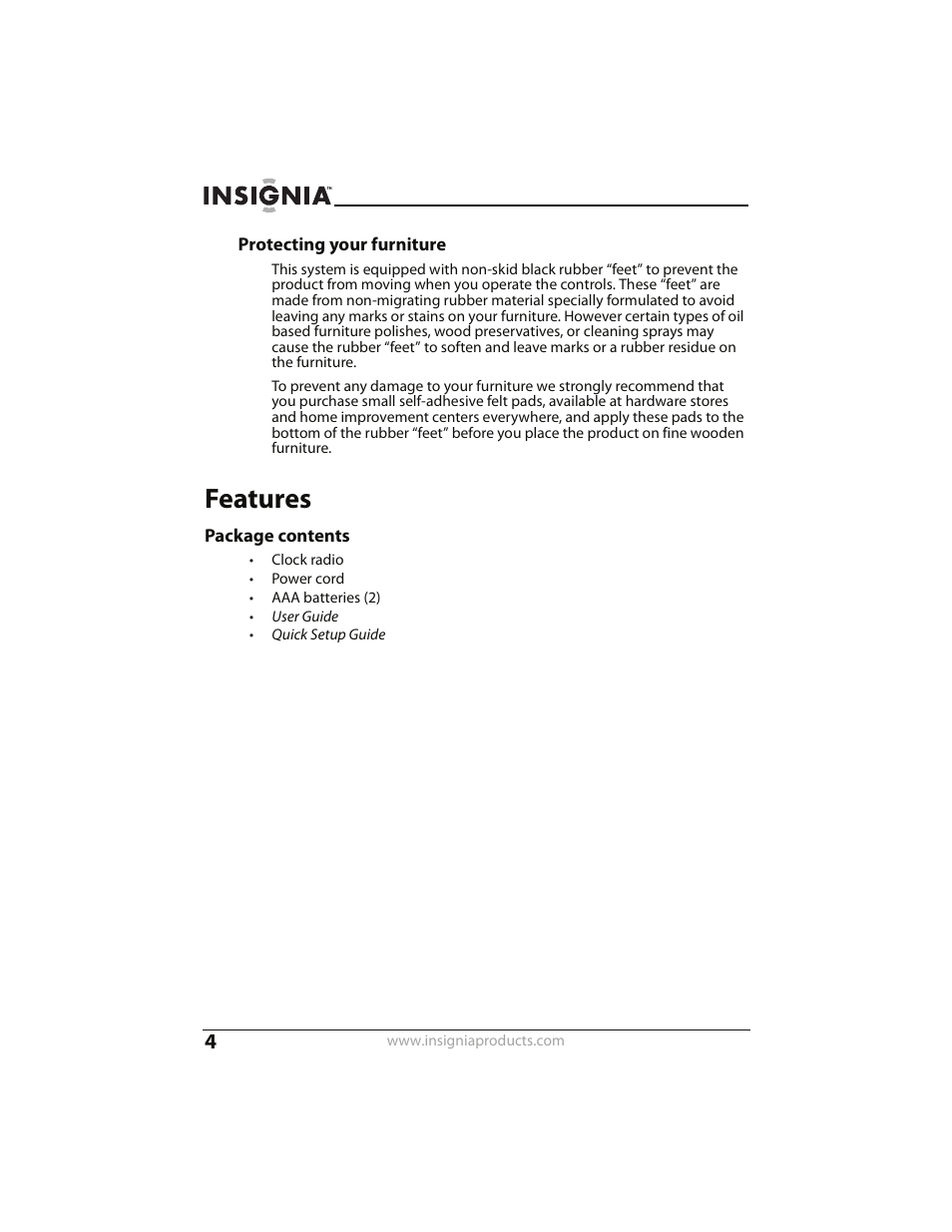 Protecting your furniture, Features, Package contents | Insignia CLOCK RADIO WITH WAKE-UP LIGHT AND DOCK FOR IPOD NS-CLWL01 User Manual | Page 4 / 20
