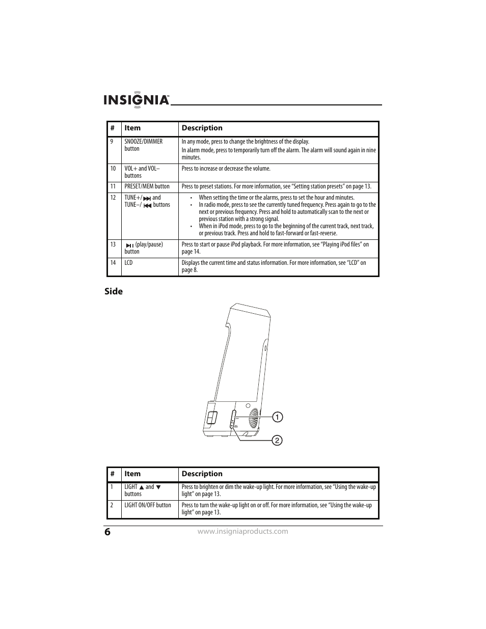 Side | Insignia CLOCK RADIO WITH WAKE-UP LIGHT AND DOCK FOR IPOD NS-CLWL01 User Manual | Page 6 / 20