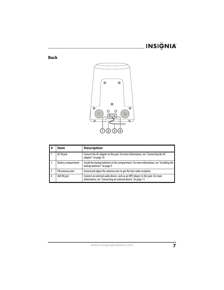 Back | Insignia CLOCK RADIO WITH WAKE-UP LIGHT AND DOCK FOR IPOD NS-CLWL01 User Manual | Page 7 / 20