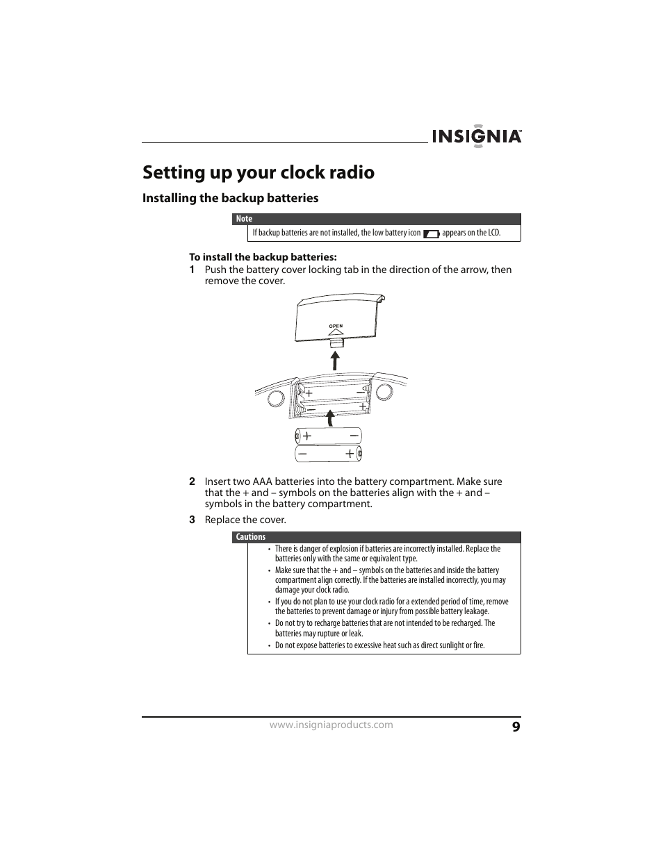 Setting up your clock radio, Installing the backup batteries | Insignia CLOCK RADIO WITH WAKE-UP LIGHT AND DOCK FOR IPOD NS-CLWL01 User Manual | Page 9 / 20