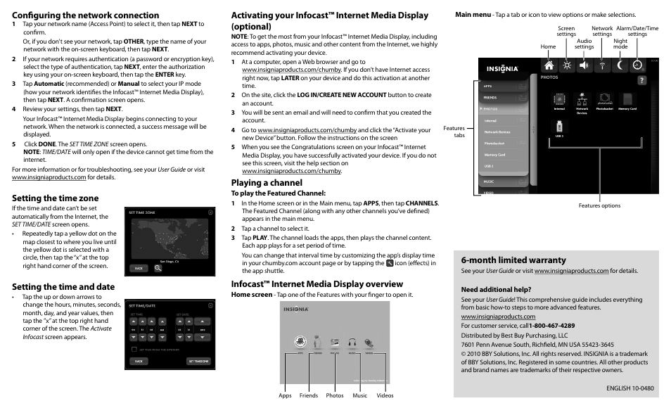 Configuring the network connection, Setting the time zone, Setting the time and date | Month limited warranty, Playing a channel, Infocast™ internet media display overview | Insignia Infocast NS-DP8CH User Manual | Page 2 / 2