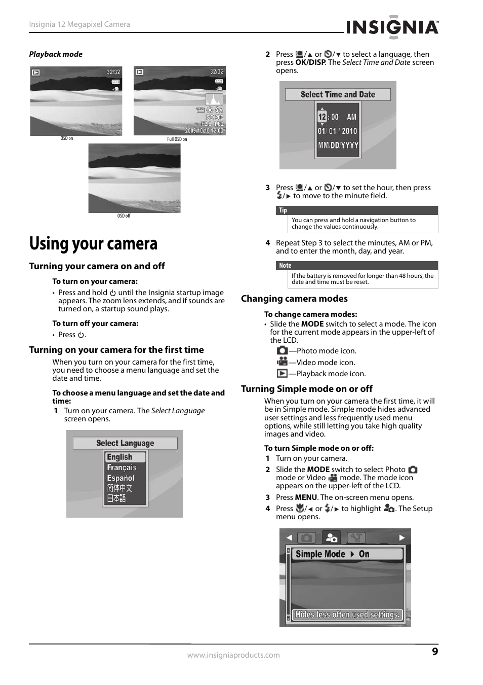 Using your camera, Turning your camera on and off, Turning on your camera for the first time | Changing camera modes, Turning simple mode on or off | Insignia NS-DSC1112SL-CN User Manual | Page 13 / 32