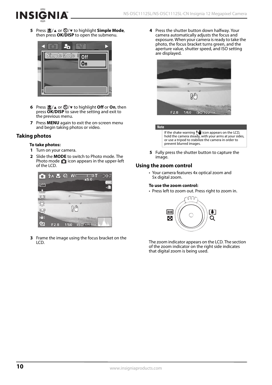 Taking photos, Using the zoom control, Taking photos using the zoom control | Using the zoom control” o | Insignia NS-DSC1112SL-CN User Manual | Page 14 / 32
