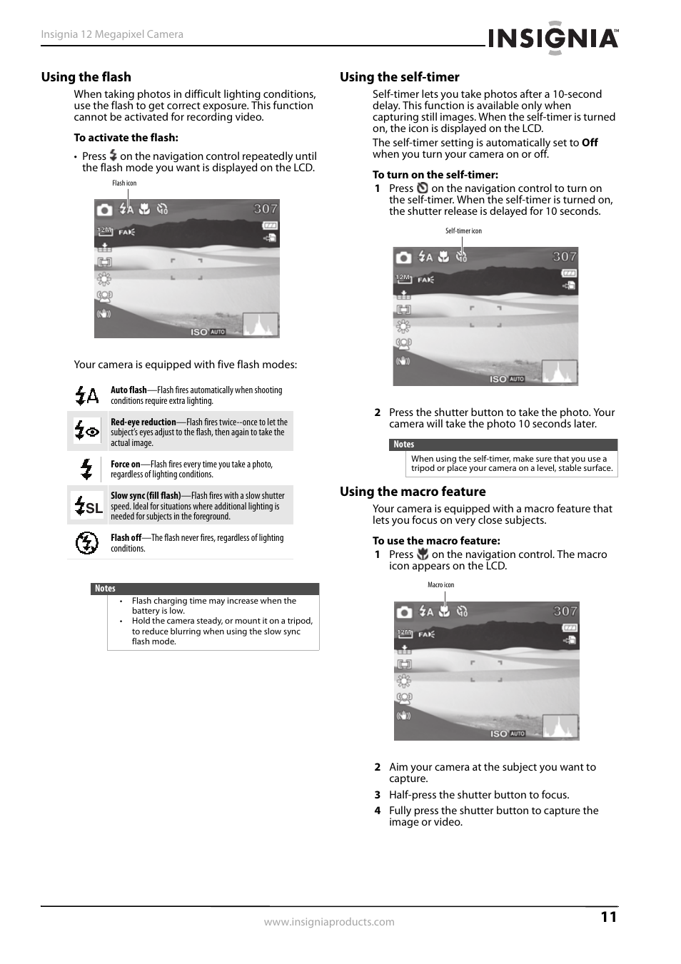 Using the flash, Using the self-timer, Using the macro feature | Ee “using the self-timer” o, Ee “using the macro feature” o | Insignia NS-DSC1112SL-CN User Manual | Page 15 / 32