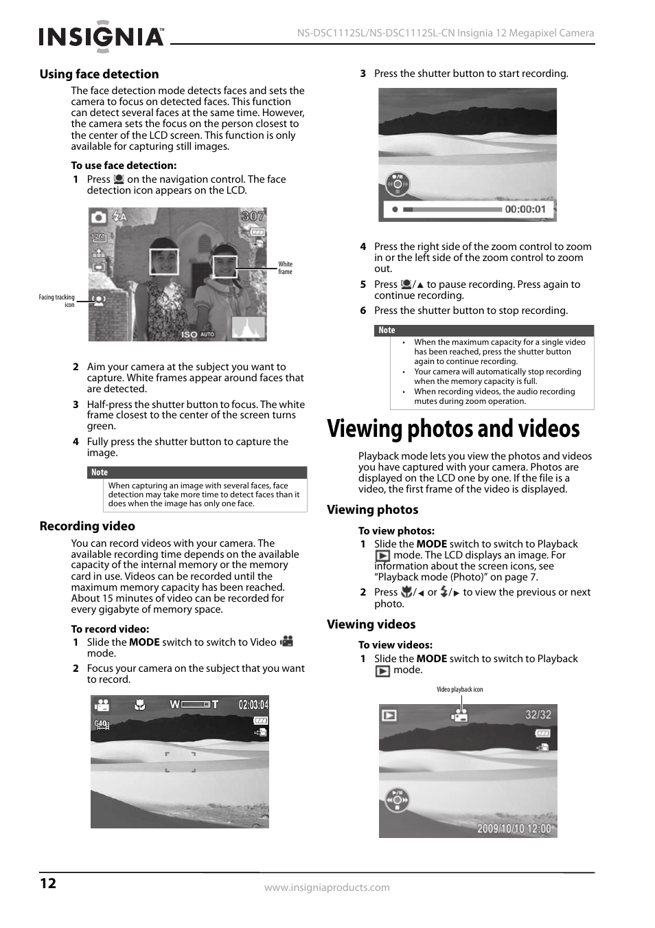 Using face detection, Recording video, Viewing photos and videos | Viewing photos, Viewing videos, Using face detection recording video, Viewing photos viewing videos, Ee “using face detection” on | Insignia NS-DSC1112SL-CN User Manual | Page 16 / 32