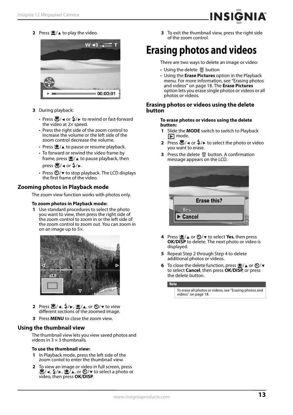 Zooming photos in playback mode, Using the thumbnail view, Erasing photos and videos | Erasing photos or videos using the delete button | Insignia NS-DSC1112SL-CN User Manual | Page 17 / 32