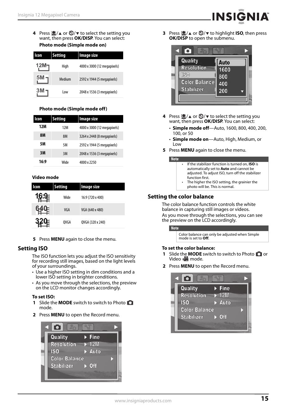 Setting iso, Setting the color balance, Setting iso setting the color balance | Ee “setting the color balance” o, Ee “setting the color balance | Insignia NS-DSC1112SL-CN User Manual | Page 19 / 32