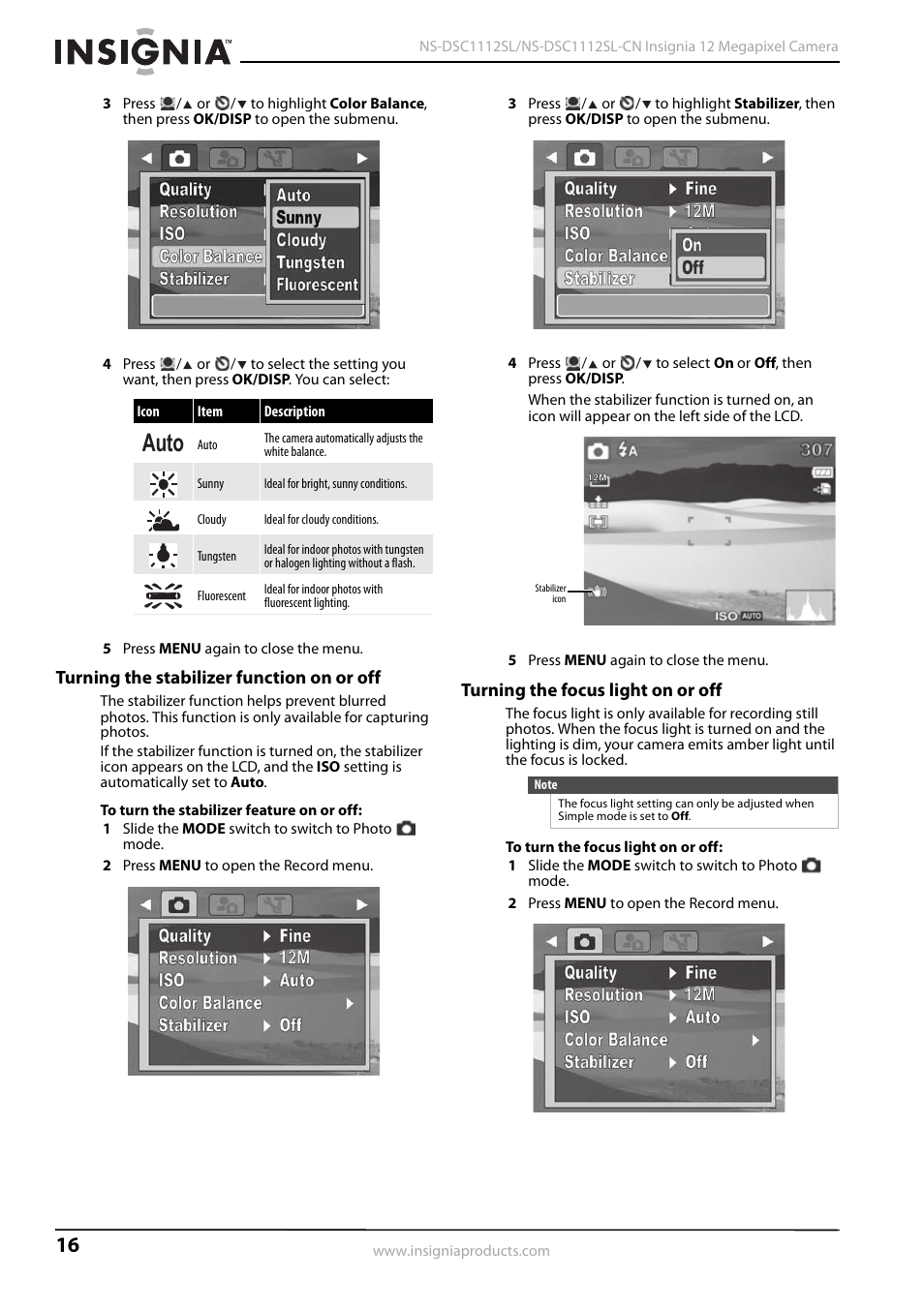 Turning the stabilizer function on or off, Turning the focus light on or off, Auto | Insignia NS-DSC1112SL-CN User Manual | Page 20 / 32