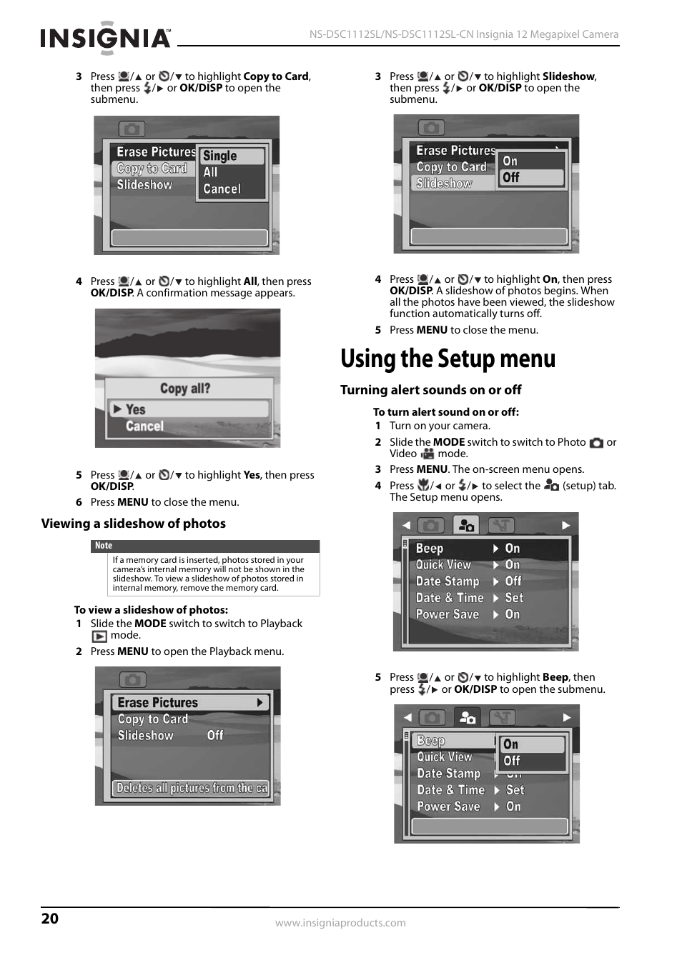 Viewing a slideshow of photos, Using the setup menu, Turning alert sounds on or off | Insignia NS-DSC1112SL-CN User Manual | Page 24 / 32