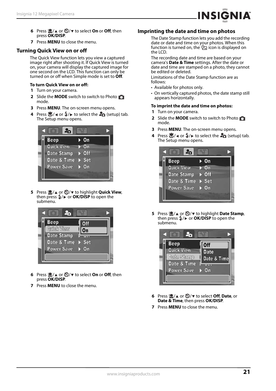 Turning quick view on or off, Imprinting the date and time on photos, Imprinting the date and time on photos” on | Insignia NS-DSC1112SL-CN User Manual | Page 25 / 32