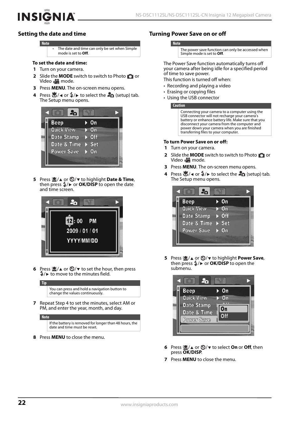 Setting the date and time, Turning power save on or off | Insignia NS-DSC1112SL-CN User Manual | Page 26 / 32