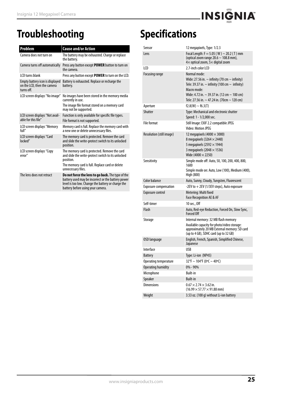 Troubleshooting, Specifications, Troubleshooting specifications | Insignia NS-DSC1112SL-CN User Manual | Page 29 / 32