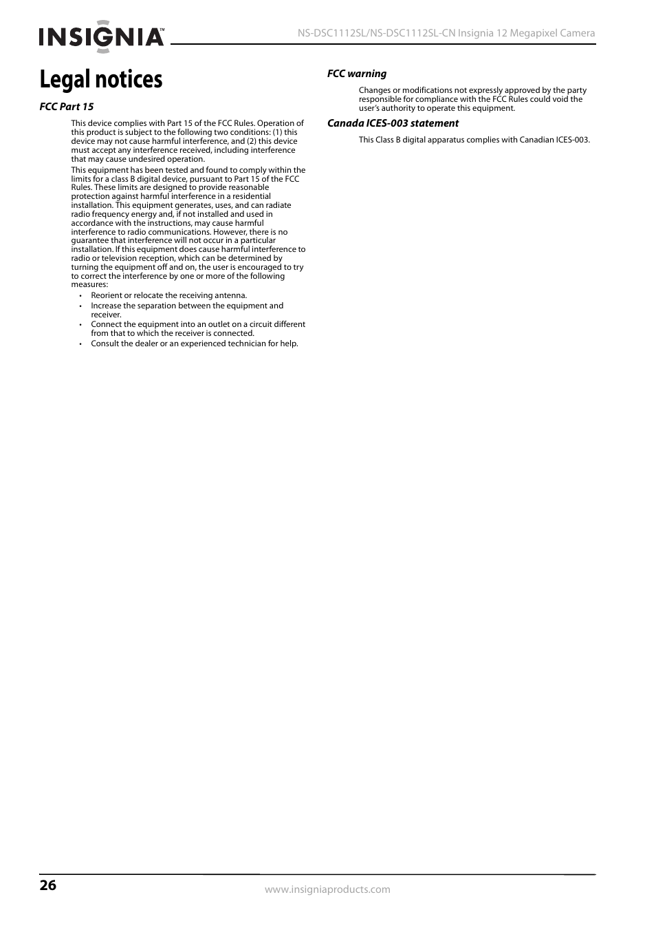 Legal notices | Insignia NS-DSC1112SL-CN User Manual | Page 30 / 32