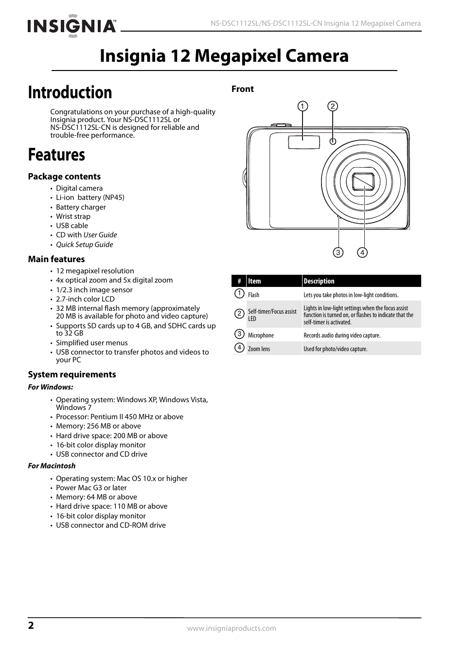 Introduction, Features, Package contents | Main features, System requirements, Front, Insignia 12 megapixel camera introduction | Insignia NS-DSC1112SL-CN User Manual | Page 6 / 32