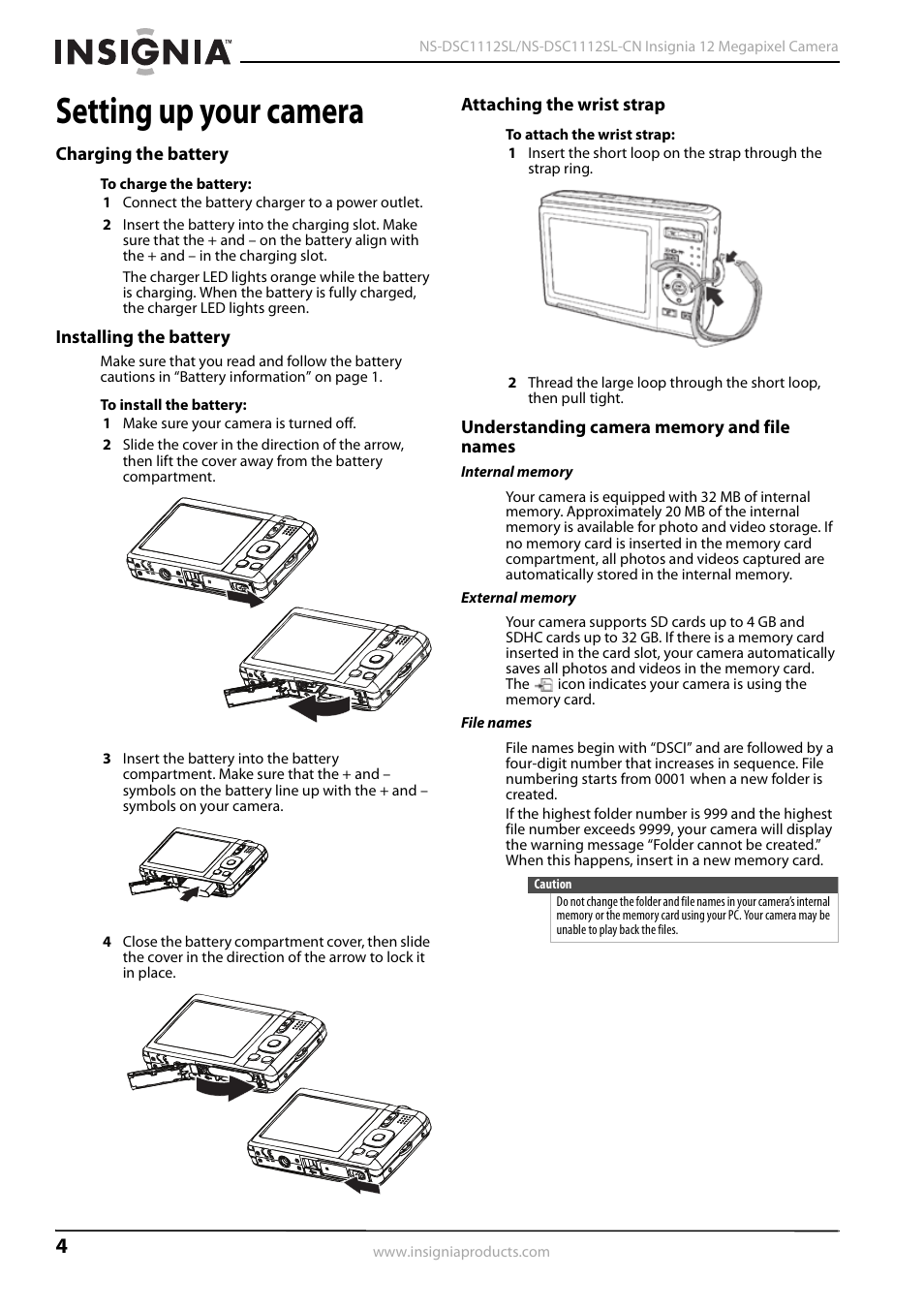 Setting up your camera, Charging the battery, Installing the battery | Attaching the wrist strap, Understanding camera memory and file names, See “installing the battery” o | Insignia NS-DSC1112SL-CN User Manual | Page 8 / 32