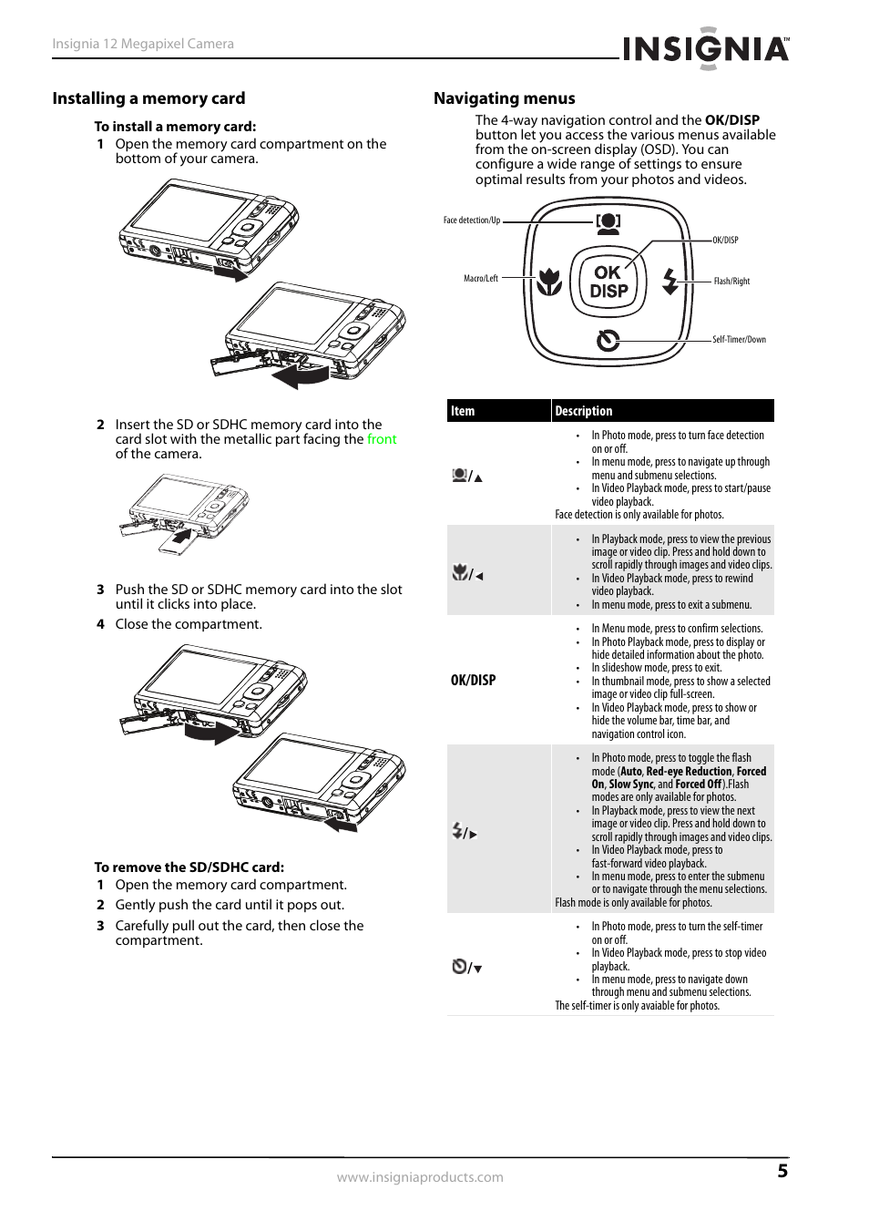 Installing a memory card, Navigating menus, Installing a memory card navigating menus | Navigating menus” on | Insignia NS-DSC1112SL-CN User Manual | Page 9 / 32