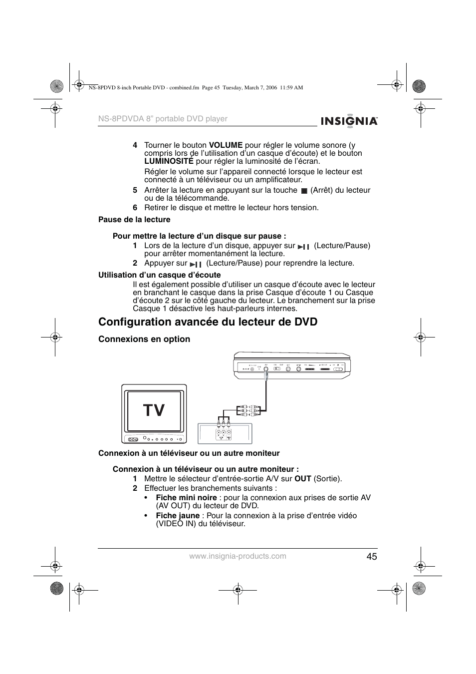 Configuration avancée du lecteur de dvd, Connexions en option | Insignia NS-8PDVDA User Manual | Page 46 / 104