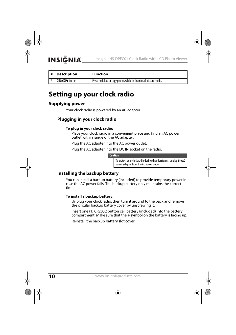 Setting up your clock radio, Supplying power, Plugging in your clock radio | Installing the backup battery | Insignia NS-DPFC01 User Manual | Page 10 / 26