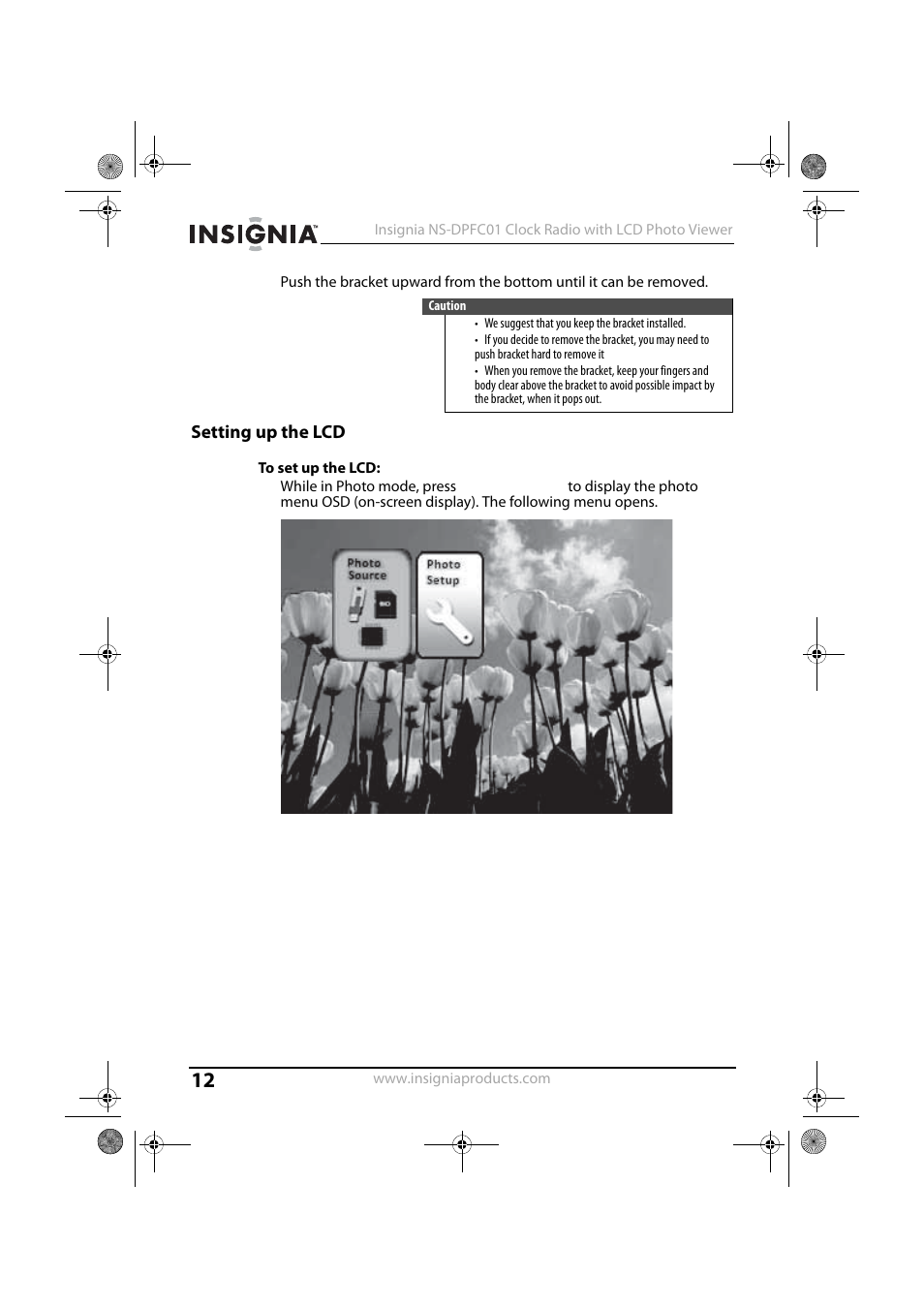 Setting up the lcd | Insignia NS-DPFC01 User Manual | Page 12 / 26