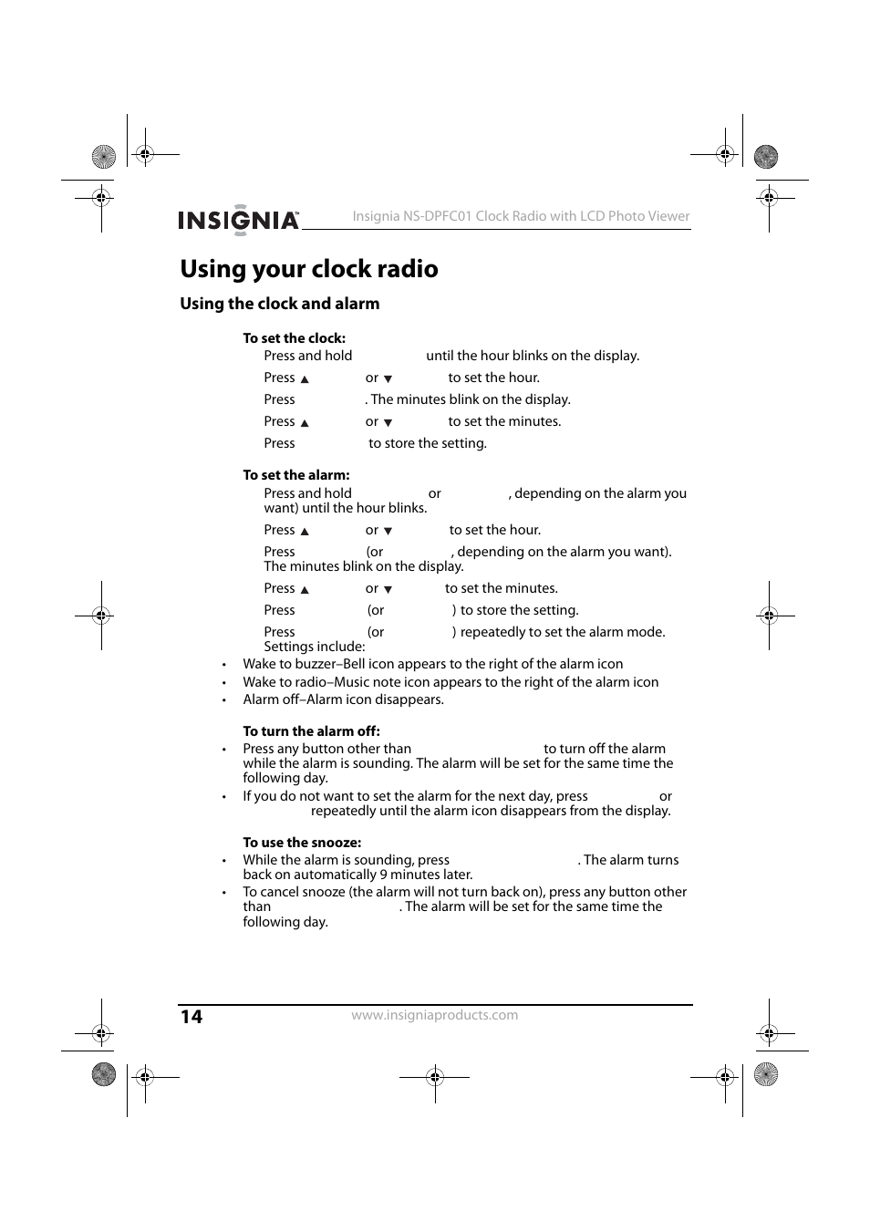 Using your clock radio, Using the clock and alarm | Insignia NS-DPFC01 User Manual | Page 14 / 26