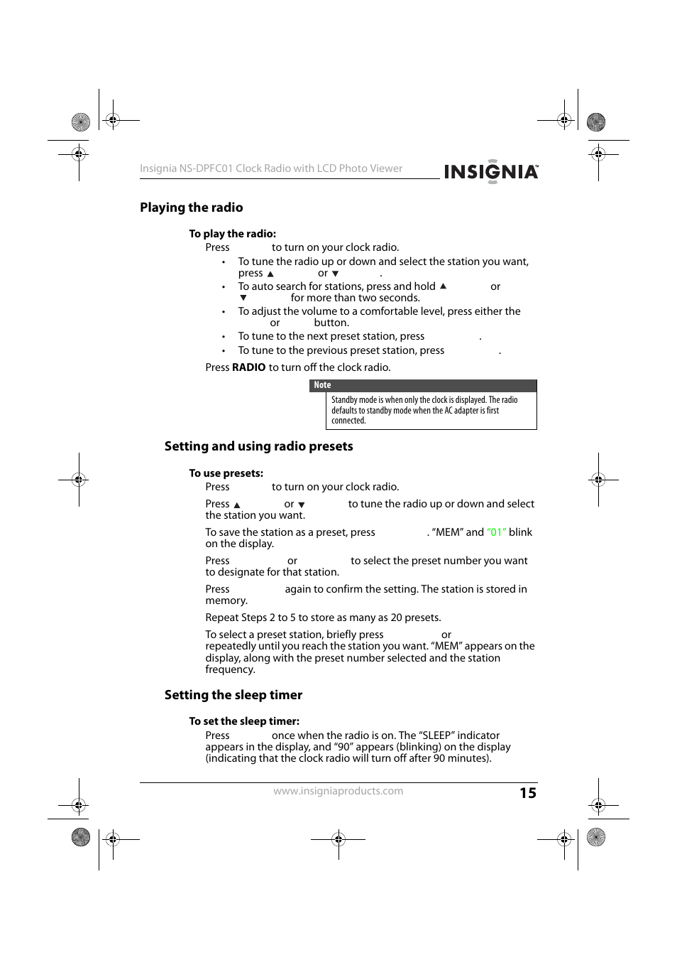 Playing the radio, Setting and using radio presets, Setting the sleep timer | Insignia NS-DPFC01 User Manual | Page 15 / 26