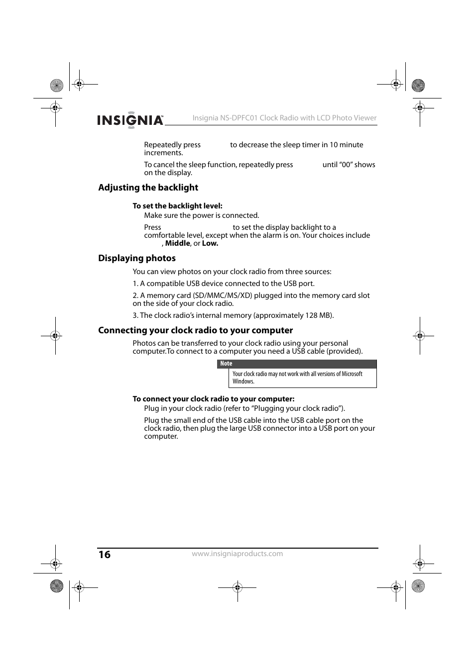 Adjusting the backlight, Displaying photos, Connecting your clock radio to your computer | Insignia NS-DPFC01 User Manual | Page 16 / 26