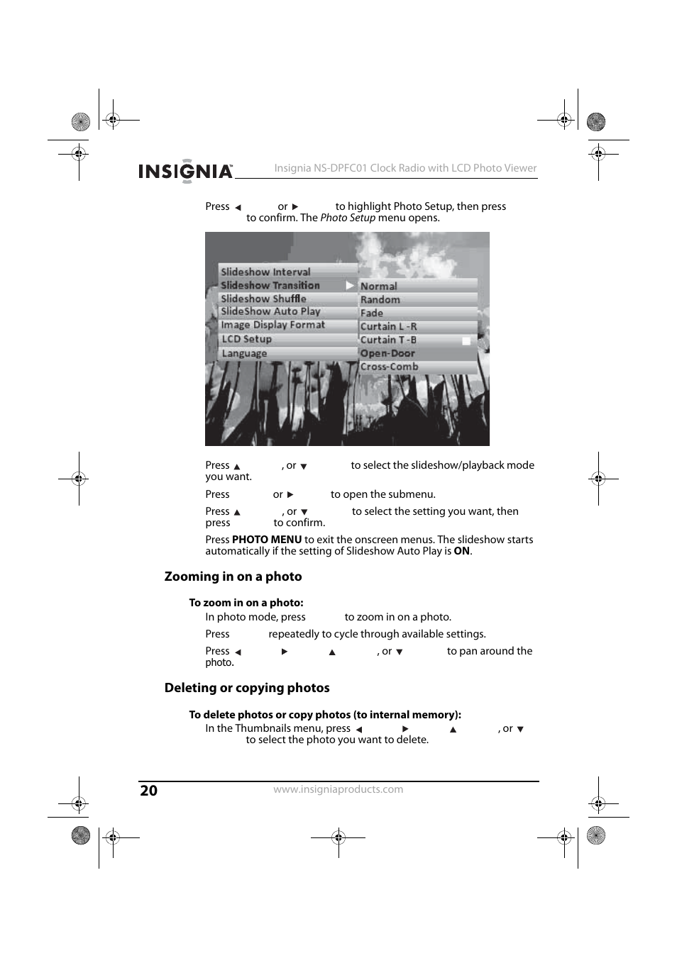 Zooming in on a photo, Deleting or copying photos | Insignia NS-DPFC01 User Manual | Page 20 / 26