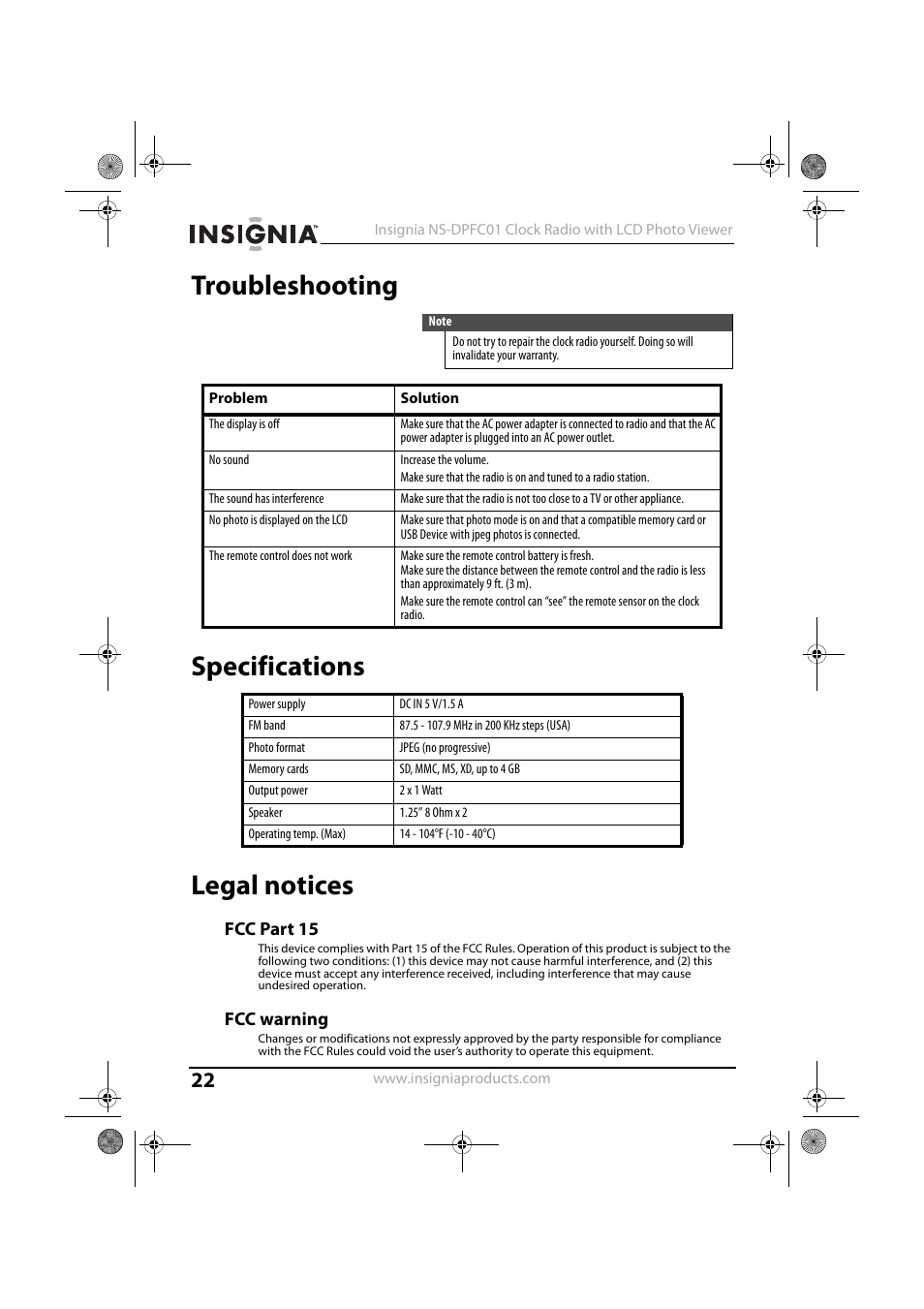 Troubleshooting, Specifications, Legal notices | Fcc part 15, Fcc warning, Troubleshooting legal notices, Troubleshooting specifications legal notices | Insignia NS-DPFC01 User Manual | Page 22 / 26