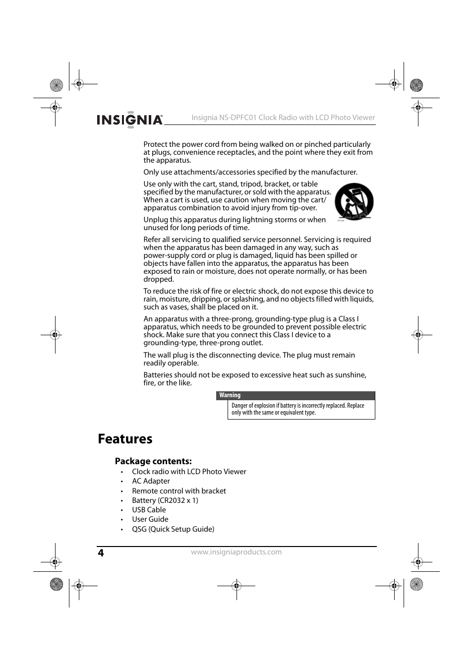 Features, Package contents | Insignia NS-DPFC01 User Manual | Page 4 / 26
