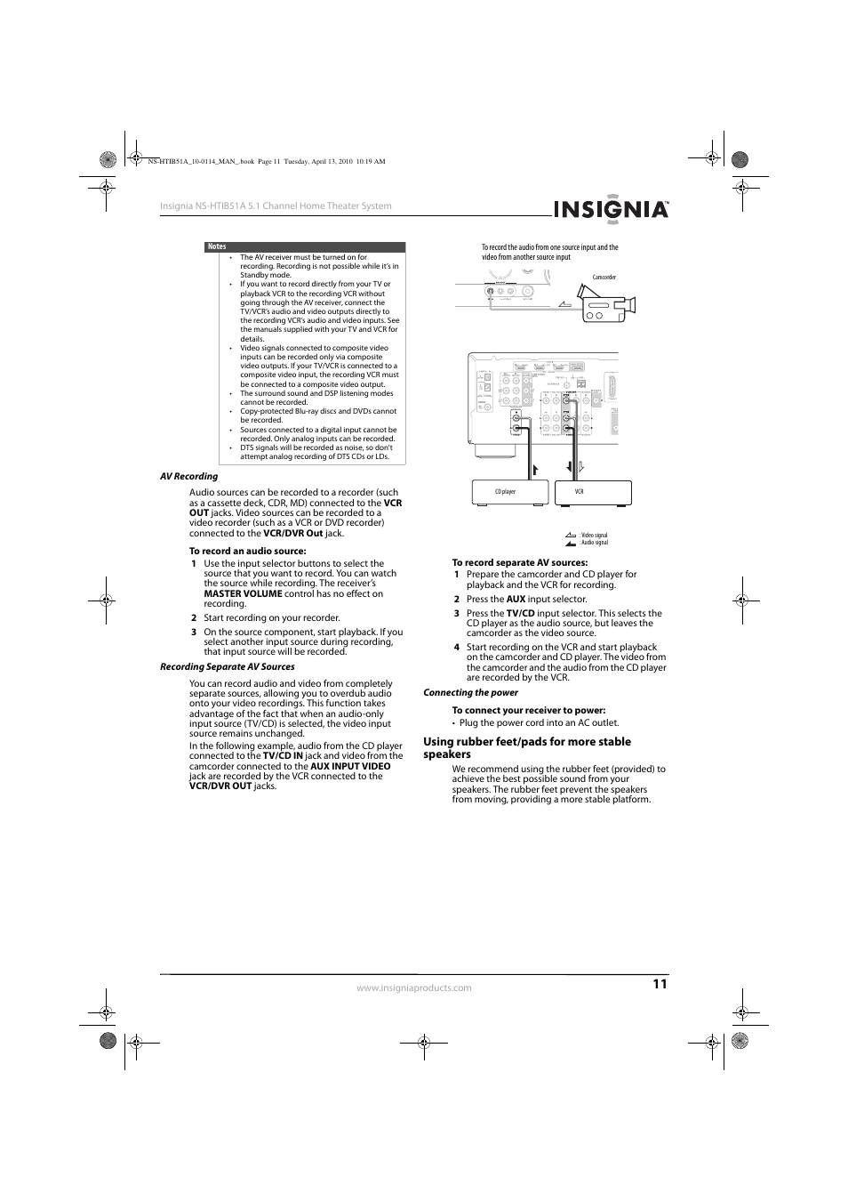 Av recording, Recording separate av sources, Connecting the power | Using rubber feet/pads for more stable speakers | Insignia NS-HTIB51A User Manual | Page 15 / 40