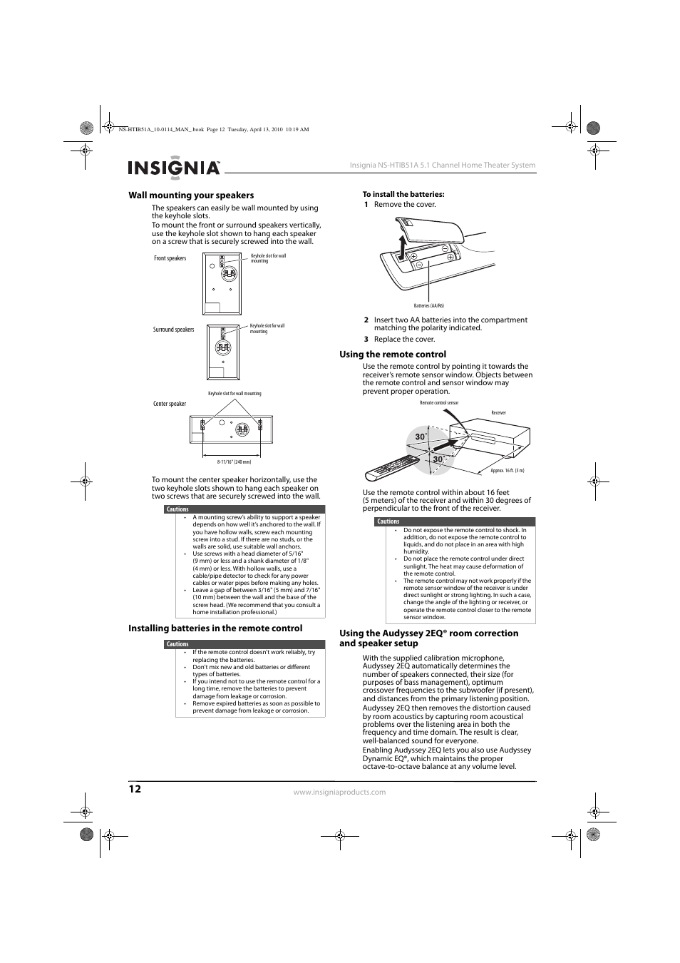 Wall mounting your speakers, Installing batteries in the remote control, Using the remote control | Insignia NS-HTIB51A User Manual | Page 16 / 40