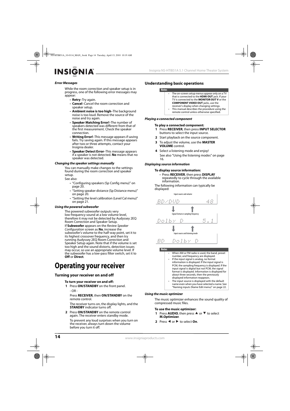 Error messages, Changing the speaker settings manually, Using the powered subwoofer | Operating your receiver, Turning your receiver on and off, Understanding basic operations, Playing a connected component, Displaying source information, Using the music optimizer | Insignia NS-HTIB51A User Manual | Page 18 / 40